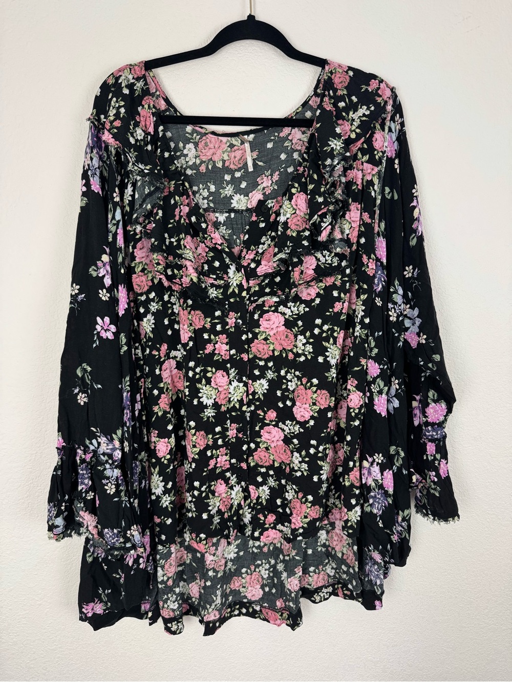 Free People Loretta Printed Black Floral Tunic Oversized boho blouse